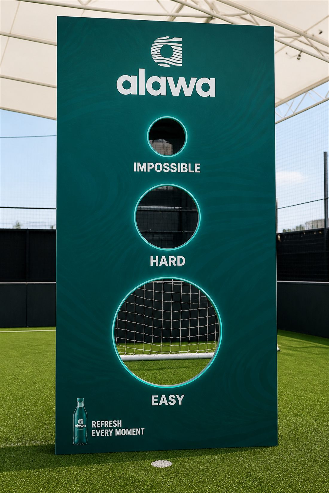 Banner de activación Alawa — reto de puntería Impossible, Hard, Easy en cancha de fútbol